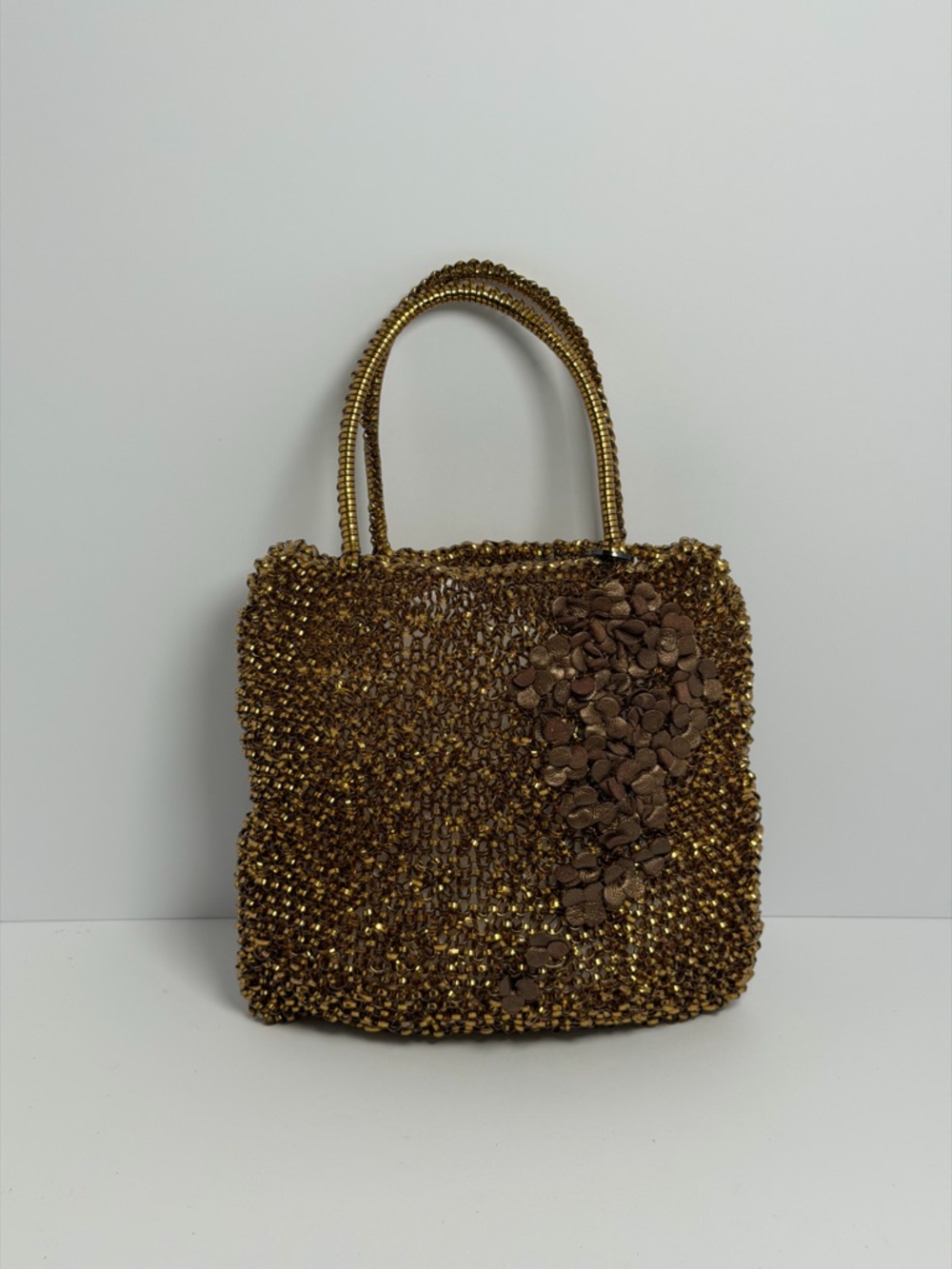 Anteprima Wire Handbag in Brown Gold Featuring a Flower Detail